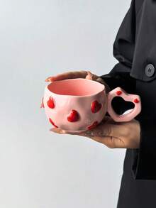 1pc 3D Embossed Heart Ceramic Tea Cup, Heart-Shaped Hollow Handle Asymmetrical Coffee Mug, 5 Colors Afternoon Tea Cup Gift - Single Cup - View 17