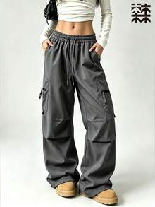 mulinsen Women's Drawstring Waist Cargo Pants, Casual Loose Streetwear Techwear Long Pants - Dark Grey - View 3
