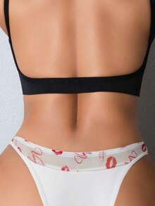 Aesletic Women's Romantic Sexy Lip Print Mesh Patchwork Comfortable Knit Fabric Triangle Panties - White - View 3
