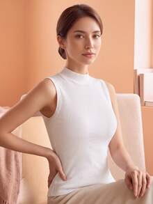 CELILIN Women's Comfortable Mock Neck Ribbed Tank Top, Soft Slim Fit Sleeveless Layering Essential For Everyday Versatile Outfits - White - View 1
