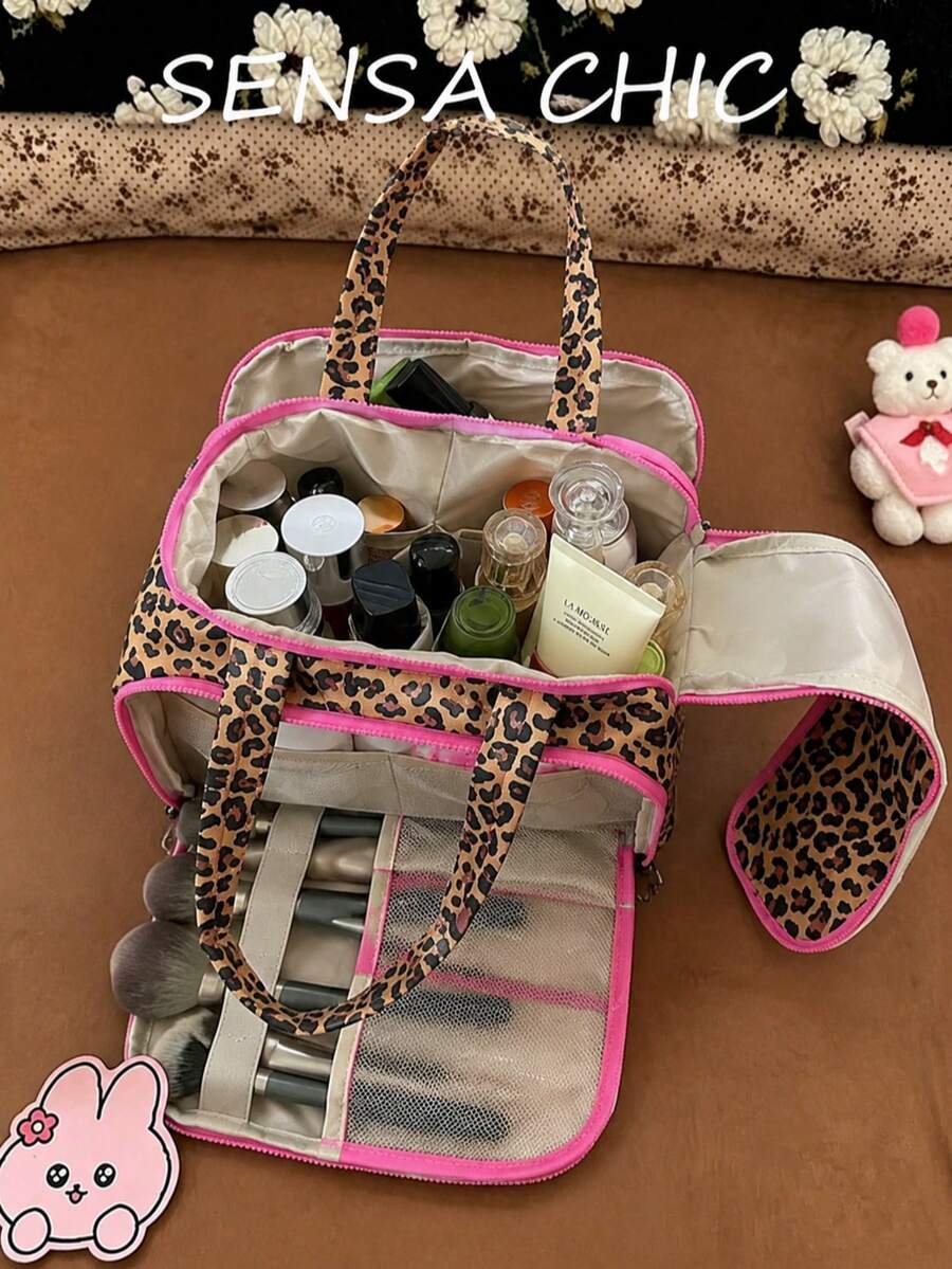 Leopard Print Large Capacity Makeup Bag, Multi-Compartment Brush Storage Pockets Portable Travel Cosmetic Organizer Handbag - Brown - View 1