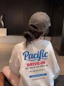 Kaos Lengan Panjang Wanita Model Longgar Serbaguna dengan Motif Huruf untuk Musim Semi/Gugur, Kasual - Abu-abu muda - View 3
