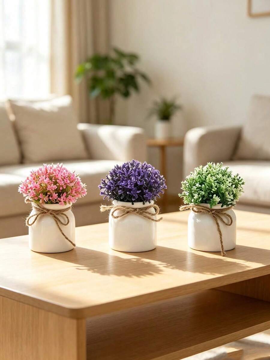 小型人造盆栽植物/仿真苔蘚石 (可選 1、2 或 3 件套) - 綠色植物配黑色花盆；適用於家居裝飾、辦公室、餐桌、農舍風格空間、陽台和浴室