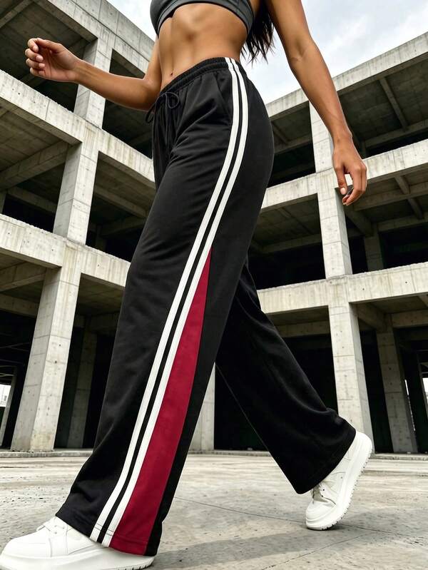 Women's Contrast Color Patchwork Striped Wide Leg Sweatpants, Elastic Waistband Design, Lightweight Breathable Loose Fit Casual Streetwear Long Pants