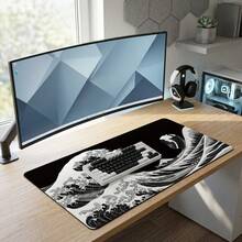 Black & White Ukiyo-E Wave Extra Long Gaming Mouse Pad & Desk Mat Set, Non-Slip Durable Rubber Base, Smooth Surface, Suitable For Computer Laptop Office Home, Abstract Art Decor, Back To School Supplies - A - View 8