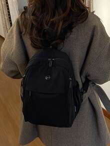 Women's Backpack Solid Color Nylon Fabric Zipper Detail Large Capacity Casual Style For School Daily Use - Black - View 5