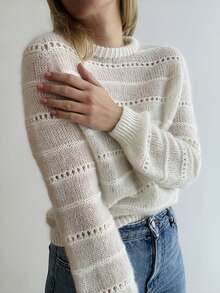 Women's Cream-Colored Horizontal Striped Hollow-Out Sheer Mohair Knit Sweater, Loose Round Neck Slouchy Long Sleeve Cover Up Top, Spring/Autumn White - White - View 7