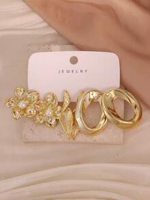 6-18PCS Gold Vintage Casual Commute Full Earring Set, With Flower, Shell, Water Drop, Geometric C-Hoop Designs, Suitable For Daily Commute, Travel, Dating, Casual, Outing Multiple Occasions - Gold - View 5