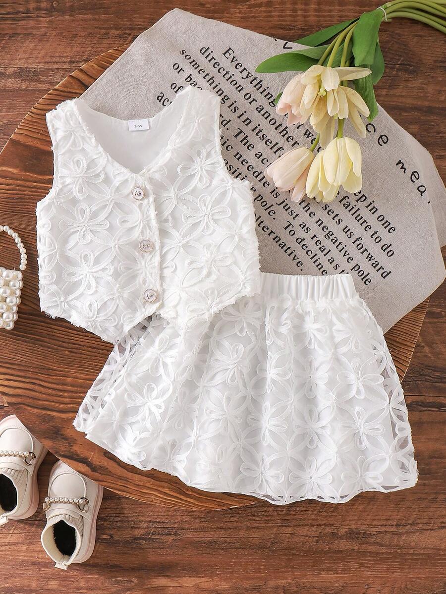 2pcs/Set Girls Elegant Chic White Vest Top And Skirt Set, Summer - White - View 1