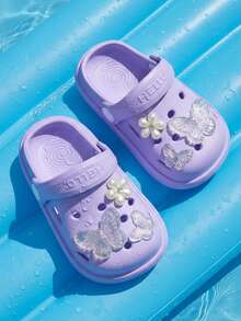 HAHABOBO Kids Purple Glitter Butterfly Pearl EVA Clogs, HELLO Adjustable Strap 2-Way Summer Pool Beach Girls Shoes(One Size Smaller) - Mauve Purple - View 5
