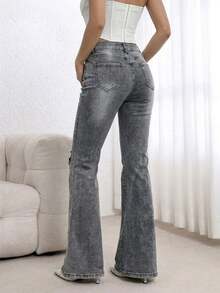Women's Distressed Elastic Skinny Flare Jeans Casual - Grey - View 2