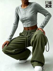 mulinsen Women's Drawstring Waist Cargo Pants, Casual Wide Leg Multi-Pocket Parachute Pants, Loose Street Style Cuffed Long Pants - Army Green - View 3