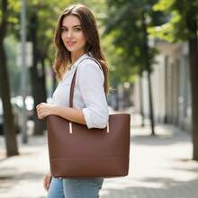 Classic Work Tote Bag Stylish Large Capacity PU Leather With Multiple Compartments - Coffee - View 8