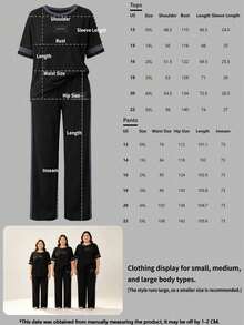 Spring/Autumn Plus Size Women's New Crew Neck Short Sleeve T-Shirt & Casual Elastic Waist Loose Long Pants 2 Pieces Set Elegant Summer - Black+Gray - View 10