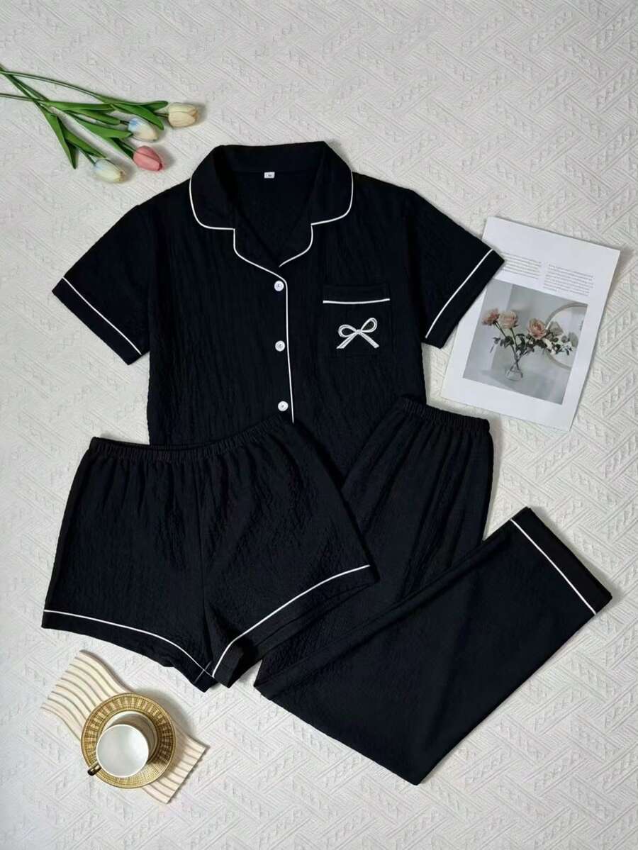 3件組泡泡皺褶純色蝴蝶結刺繡女款睡衣套裝－短袖鈕扣領上衣與短褲＋長褲 - 黑色 - 查看 1