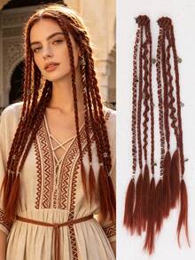 2pcs Handmade Bohemian Style 20-Inch Clip-In Braided Hair Extensions, Boho Braided Hair With Decorative Beads And Accessories, Suitable For Women - Multicolor - View 12