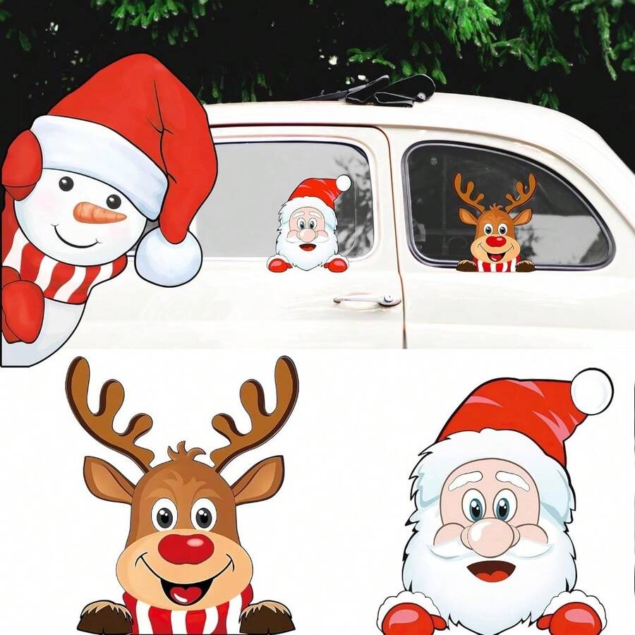 Merry Christmas Car Stickers Waterproof Santa Claus & Reindeer Window Decals Self-Adhesive PVC Christmas Decorations