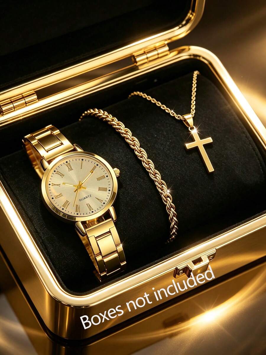 3PCS Fashion Small Round Case Roman Quartz Watch With Twisted Rope Necklace And Bracelet Set, Versatile For Daily Wear, Holiday Gift - Gold - View 1