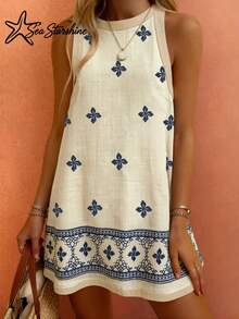 Women's Beach Vacation Floral Sleeveless Dress, Patchwork Embroidery Print Design Elegant Summer - Apricot - View 7