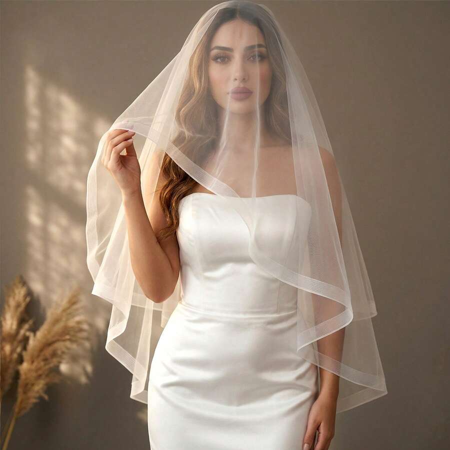 1pc Double Layer Fishbone Edge Bridal Veil Short Length With Hair Comb Suitable For Wedding, Bridal Photography And Bachelorette Party - Multicolor - View 1