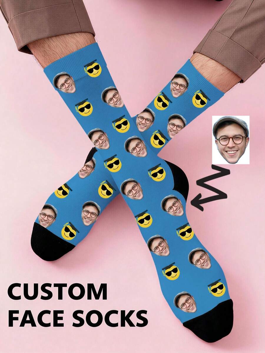Custom Face Print Graduation Mid-Calf Socks, Blue Graduation Cap Personalized Photo Mid-Calf Socks, Humorous Graduation Party Gift For Him - Multicolor - View 1