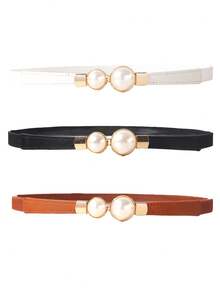 1/3PCS Pearl Buckle Women's Elastic Waist Belt, Versatile For Sweaters, Jackets, Dresses, Black, White, Camel - Black - View 1
