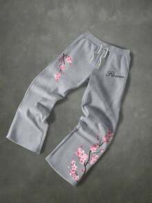 Big Boys Gray Floral Pink Cherry Blossom Letter Print Sweatpants, Autumn Street Style Hiking Joggers, Loose Wide Leg Long Pants - Light Grey - View 4