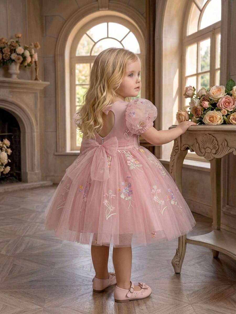 Baby Girls Puff Sleeve Embroidered Mesh Cute Birthday Dress, Fabric Floral Pattern Random Cut, Headband Not Included - Dusty Pink - View 1