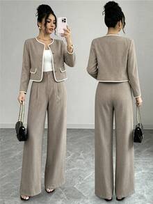 Round Neck Contrast Trim Short Blazer & Wide Leg Pants 2 Pieces Set, Khaki Textured High Waist Drape Trousers, Women's Business Casual Commute Luxury Suit - Apricot - View 1