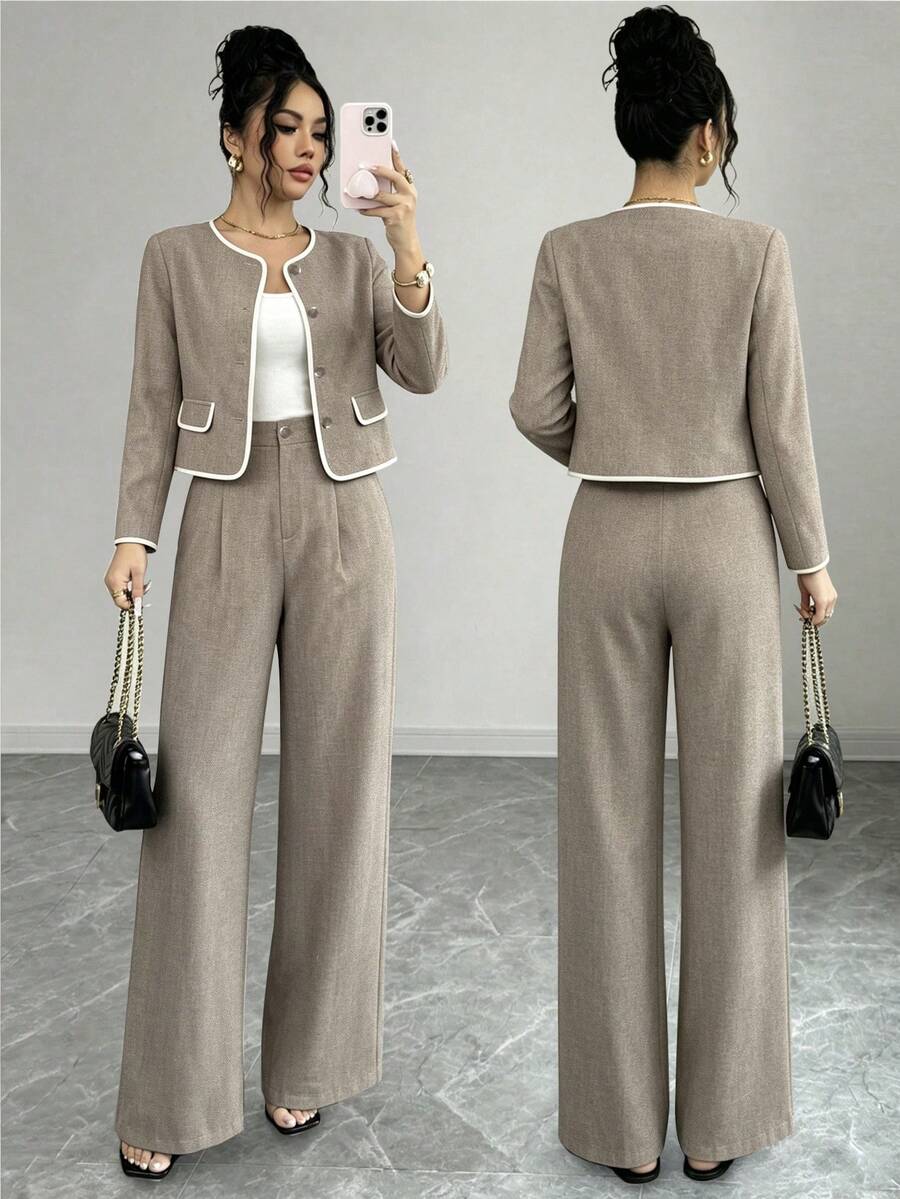 Round Neck Contrast Trim Short Blazer & Wide Leg Pants 2 Pieces Set, Khaki Textured High Waist Drape Trousers, Women's Business Casual Commute Luxury Suit - Apricot - View 1