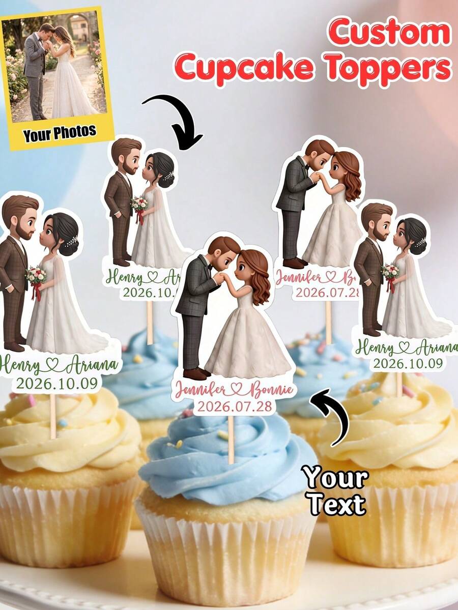 Customized Photo Cupcake Toppers, Personalizable With Name, Wedding Date And Photo, Romantic Dessert Table Decor, Suitable For Wedding Reception, Engagement Party, Anniversary, Wedding Celebration And Birthday Cake Display - Multicolor 1 - View 1