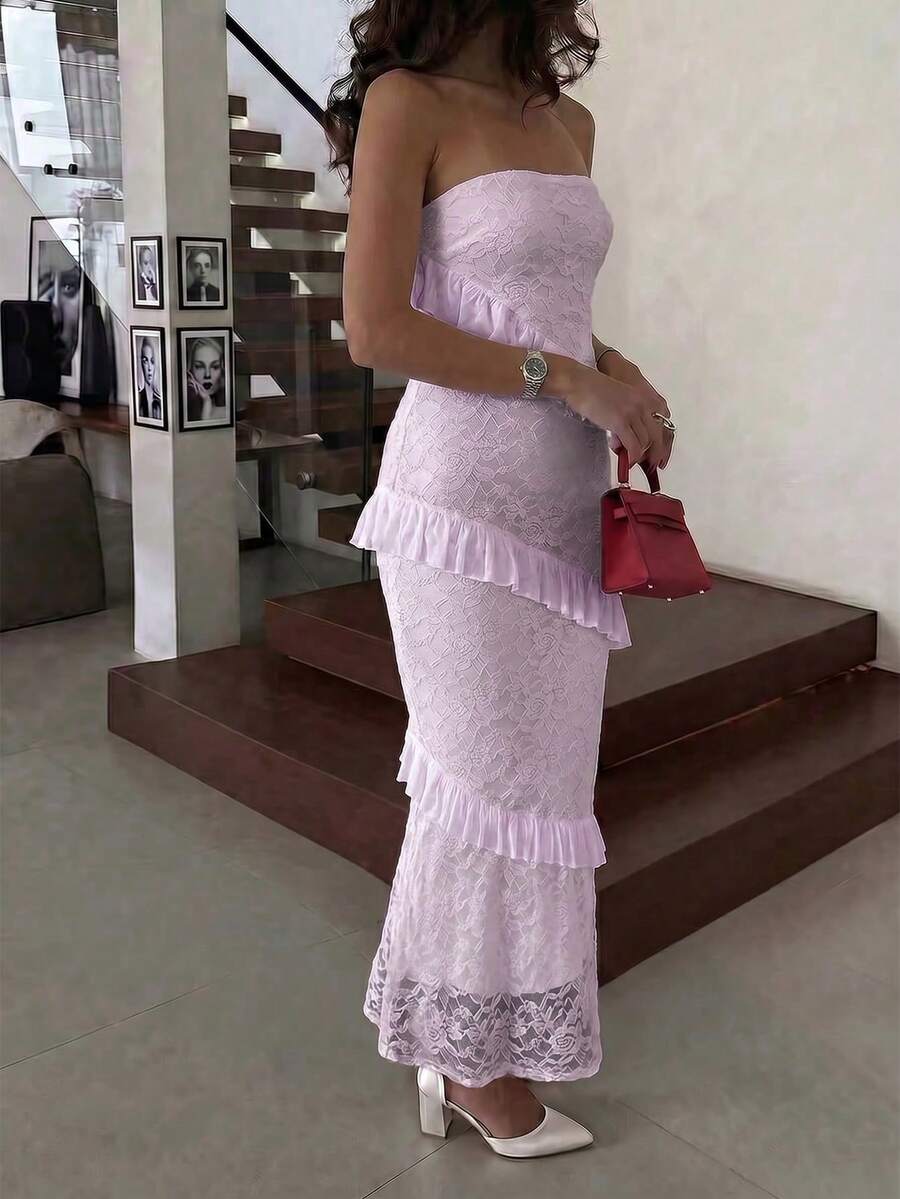 Elegant Women's Pink Strapless Lace Long Dress, Sleeveless Bodycon Silhouette With Tiered Ruffle Details, Perfect For Formal Events Or Gowns. - Pink - View 1