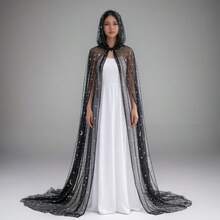 Capa con capucha de tul semitransparente con patrón de estrellas y luna en tono oscuro, estilo vestido de novia con cola larga, capa de cosplay de bruja de Halloween a juego para actuación en escenario - Capa larga de cielo estrellado - Ver 1