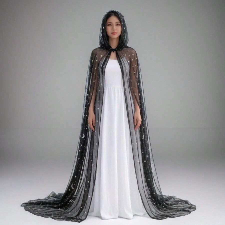Capa con capucha de tul semitransparente con patrón de estrellas y luna en tono oscuro, estilo vestido de novia con cola larga, capa de cosplay de bruja de Halloween a juego para actuación en escenario - Capa larga de cielo estrellado - Ver 1
