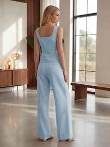 Outono e Inverno ADD MODA REF AS1921 CONJUNTO CALÇA E BLUSA COM BOTÕES DOURADOS - Azul - Visão 4