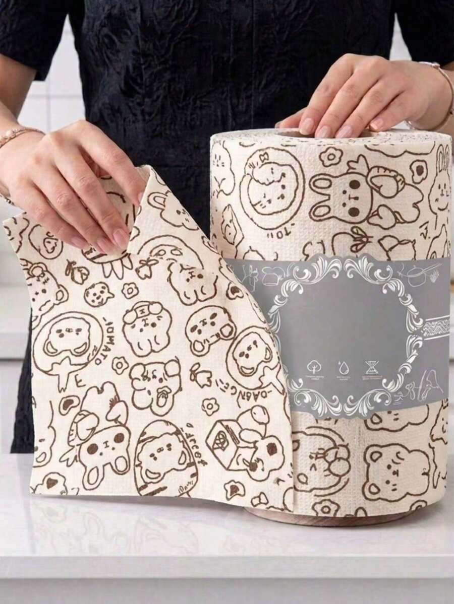 20pcs/Roll Cartoon Animal Print Disposable Kitchen Paper Towels, Reusable Washable Oil-Absorbent Non-Stick Lint-Free Quick-Drying, Essential For Summer Camping And BBQ, Suitable For Kitchen, Bathroom, Home, Apartment, Dorm, Picnic, RV, Hiking Daily Cleaning Multi-Purpose Cleaning Cloth - Multicolor - View 1