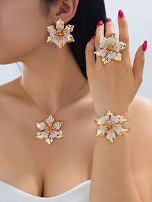 1 Set Elegant Luxury Handmade Oil-Drip Double Layer Floral Women's Open Adjustable Bracelet, Ring, Earrings, Pendant Set, Suitable For Daily And Vacation Wear - White - View 1
