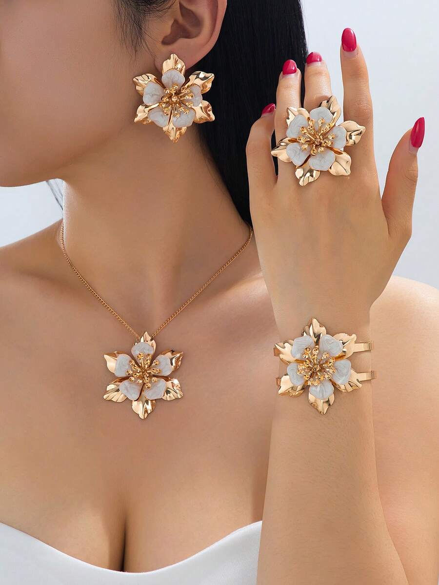 1 Set Elegant Luxury Handmade Oil-Drip Double Layer Floral Women's Open Adjustable Bracelet, Ring, Earrings, Pendant Set, Suitable For Daily And Vacation Wear - White - View 1