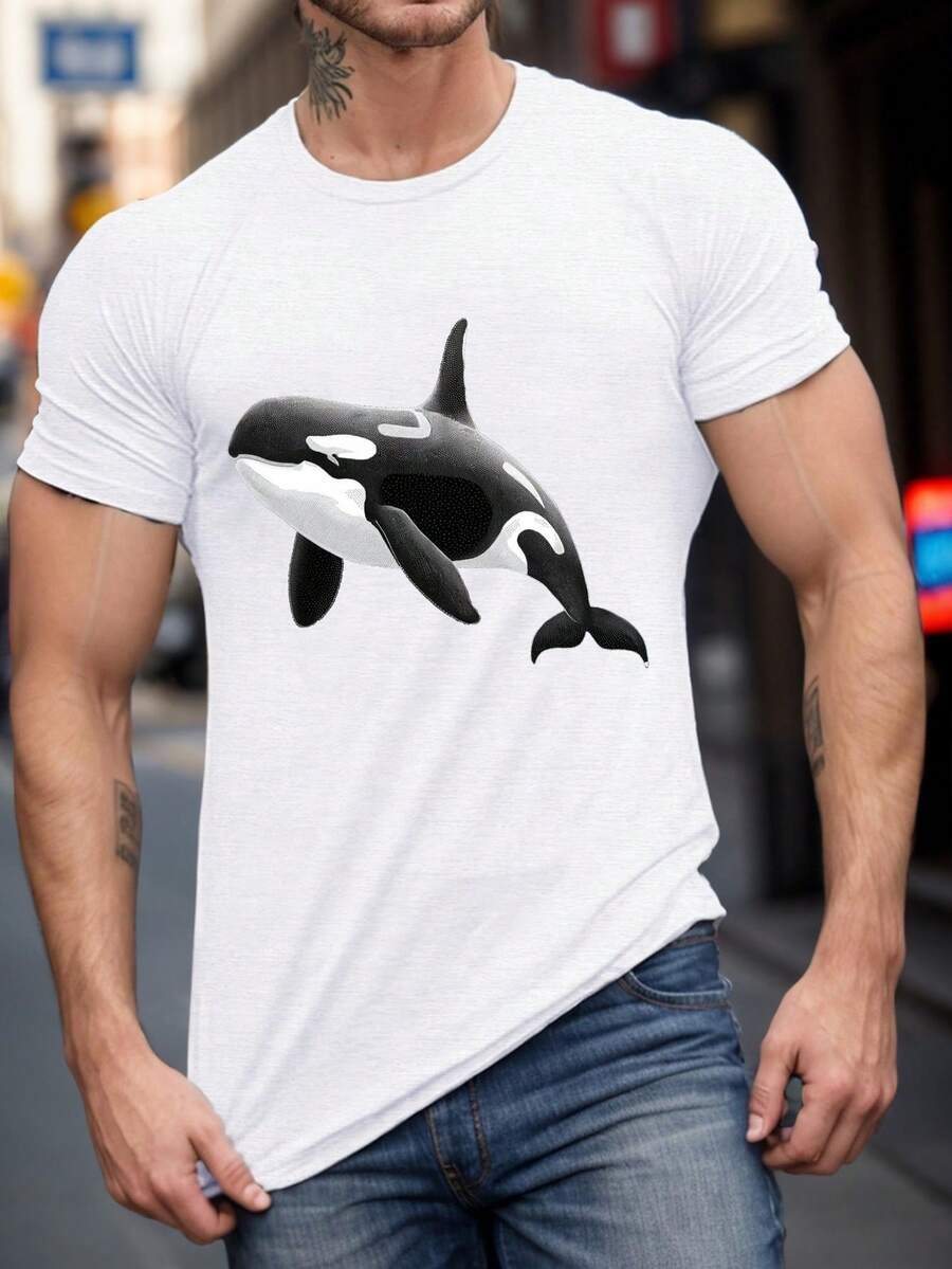 Summer T-Shirt For Men Plus Size - Modern Orca Design, Short Sleeve, Round Neck, Casual Fit, Machine Washable, Extra Large Size - 白色 - 查看 1