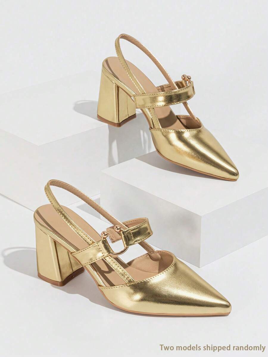 Queenigma 女士高跟鞋，金属舒适尖头高跟鞋，粗跟，金色女鞋，华丽优雅，适合约会、度假、日常穿着，时尚百搭，派对必备