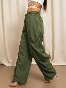 Women's Spring/Autumn Casual Elegant College Airport Outfit Ruffle Drawstring Pocket Single Piece Solid Color Woven Fabric Long Pants - Army Green - View 5