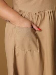 New Plus Size Linen Button-Down Short Dress With Pockets - Mocha Brown - View 4