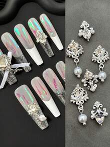 5pcs Vintage Luxury Rhinestone & Pearl Alloy Nail Art Charms, Metal Nail Decoration Accessories, DIY Wearable Nail Decor, Exquisite Nail Making Materials, Suitable For DIY Nail Design And Daily Wear - Multicolor - View 3