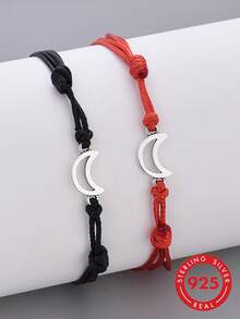1pc Crescent Moon Shaped Adjustable Rope Bracelet Set, Black & Red Minimalist Moon Jewelry, Suitable For Men & Women, Long Distance Relationship Gift, Starry Sky Friendship Bracelet - Silver - View 1