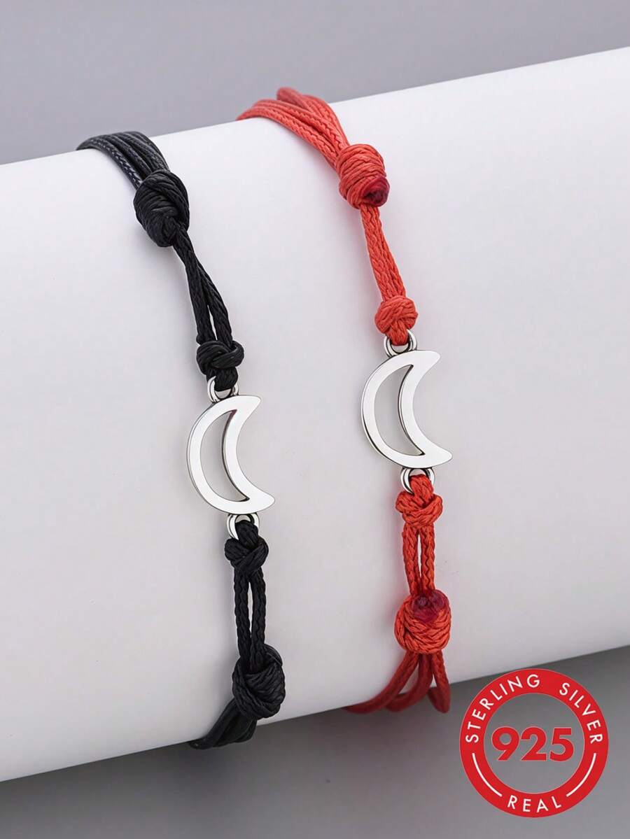 1pc Crescent Moon Shaped Adjustable Rope Bracelet Set, Black & Red Minimalist Moon Jewelry, Suitable For Men & Women, Long Distance Relationship Gift, Starry Sky Friendship Bracelet - Silver - View 1