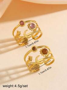 2pcs Stainless Steel 18K Gold Plated Triple Layer Hollow Star Moon Sun Open Ring Set, Suitable For Women's Daily Commute Wear - Multicolor - View 3