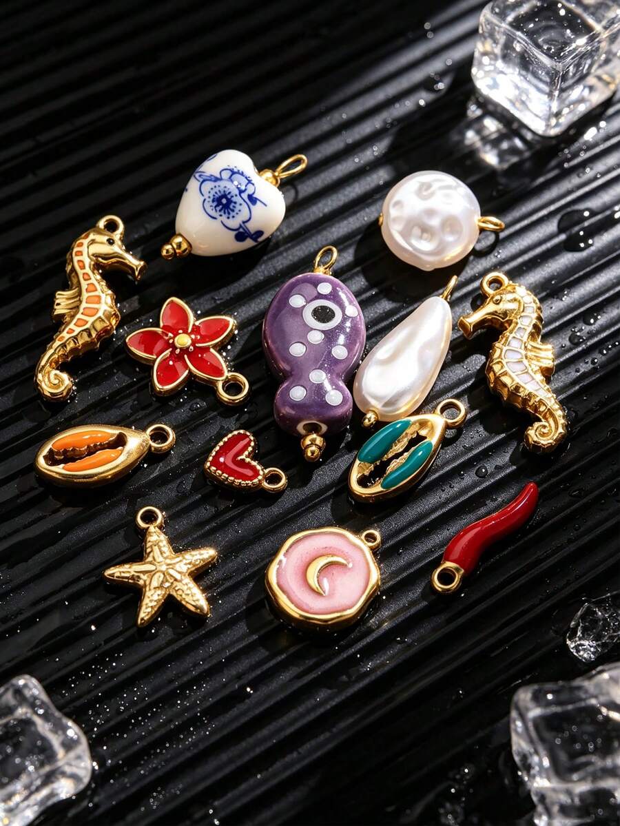 3/5/10 piezas Colgantes de acero inoxidable chapados en oro de 18K con formas de corazón, chile, concha y talla grande para hacer collares y pendientes, adecuados para uso diario - colgante - Ver 1