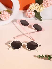 2 PCS Boys Girls 6-9Y Retro Oval Fashion Glasses Solid Color Polycarbonate Frame Gray Lenses Lightweight Suitable For Outdoor Play With Glasses Box - Multicolor - View 5