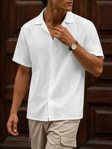 GloMan Men's Summer White Linen Blend Short Sleeve Shirt, Breathable Casual Top, Suitable For Beach, Vacation, Daily, Back To School, Gift For Husband/Father - White - View 2