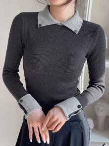 2026 Early Autumn New Colorblock Collared Knit Sweater Women's Elegant Ribbed Slim Fit Flattering Long Sleeve Base Layer Top Fall - Grey - View 7